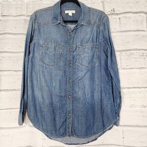 Treasure & Bond Womens Snap Button Down Casual Shirt Chambray Pocket Blue Size S